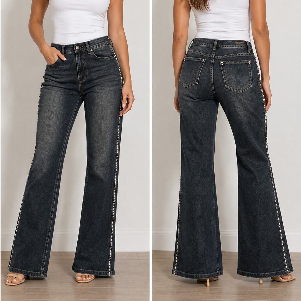 V Christina Womens 10 Straight Jeans Dark Wash Rhinestone Mid Rise Denim 30x27